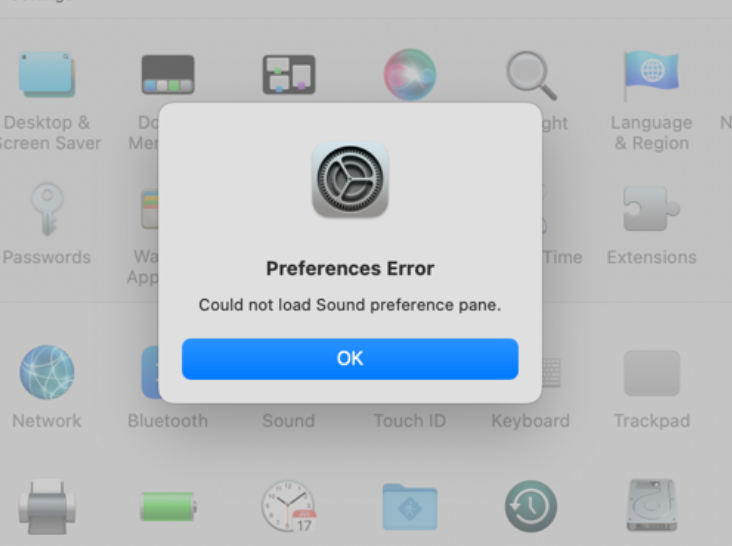 Screenshot from macOS system preferences saying “Preferences Error - Could not load Sound preference pan.”