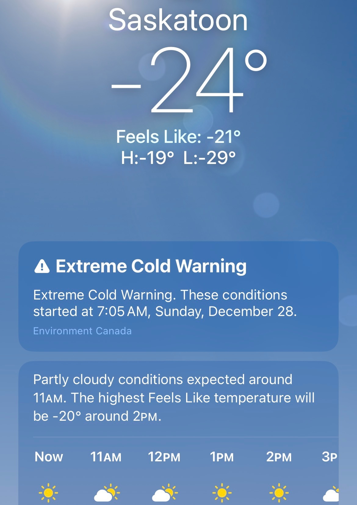 Saskatoon is experiencing extremely cold weather with a temperature of -24°C and a feels-like temperature of -21°C, accompanied by an extreme cold warning.